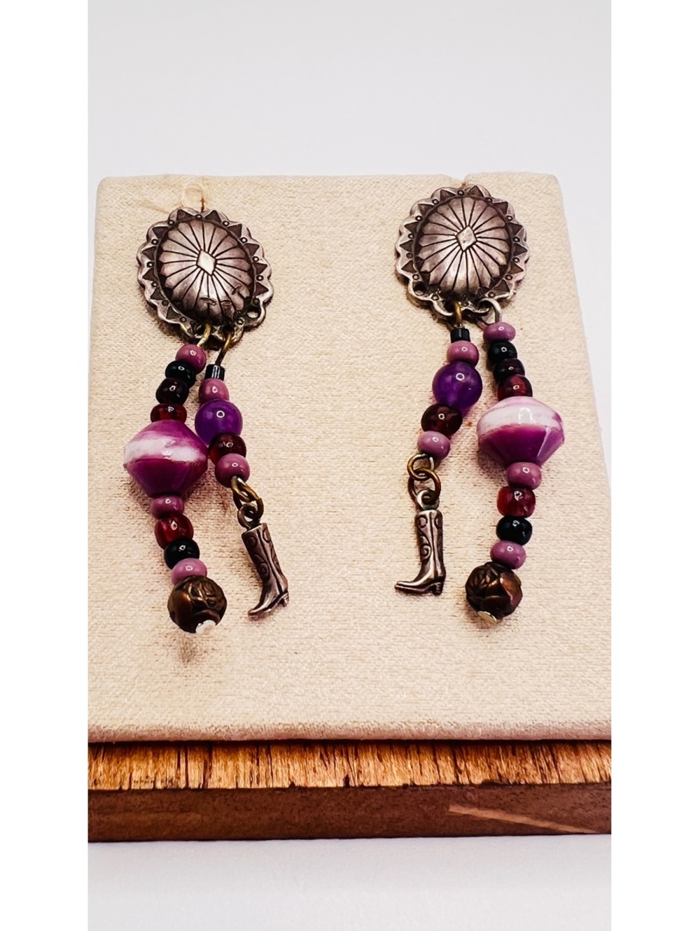 925 Sterling Western Concho Purple Bead Cowboy Boot Dangle Earrings